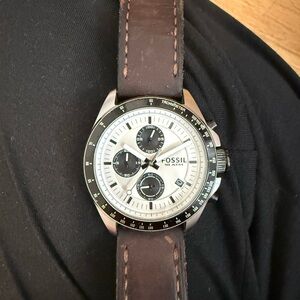 Fossil Silver Dial Watch with Brown Leather Band